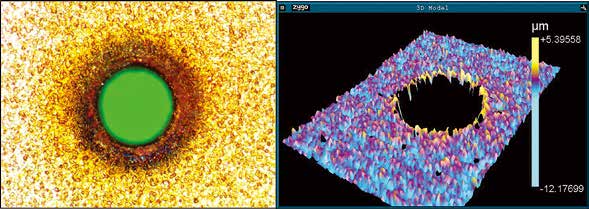 図1　銅／ポリイミド／ 銅のFPCB 薄膜に穴あ けされた直径80μmの スルービアホール。エッ ジ周りの凹凸の高さは 平均で2μm未満とな っている。