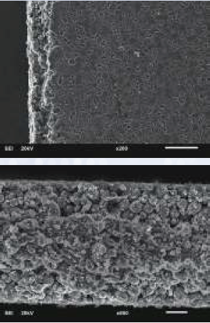 図２　「TruPulse 2020」ナノ秒ファイバ レーザで切断したエッジの走査電子顕微鏡画 像。ダメージレベルの低さが示されている。